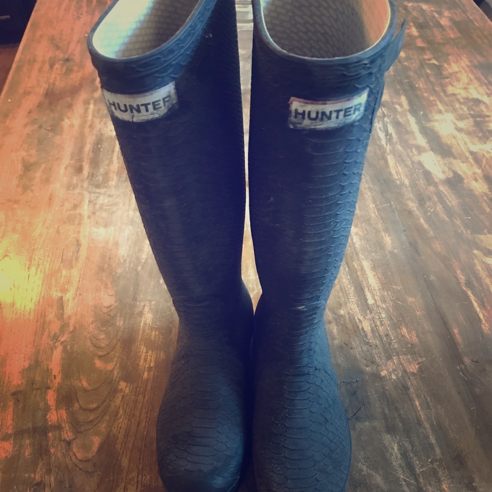 Black snake skin hunter boots